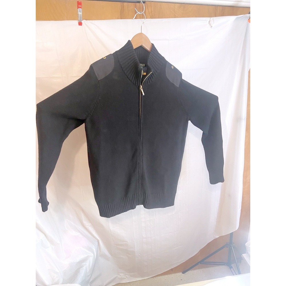 Lauren Ralph Lauren Black Cotton Full Zip Cardigan Sweater Shoulder Patches 1X